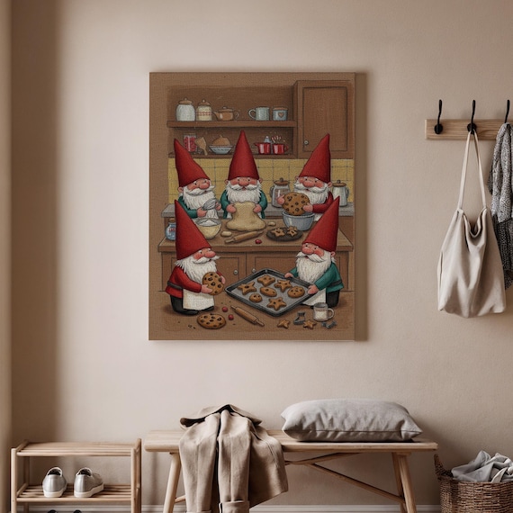Christmas Gnomes Baking Cookies Kitchen Whimsical Holiday Poster