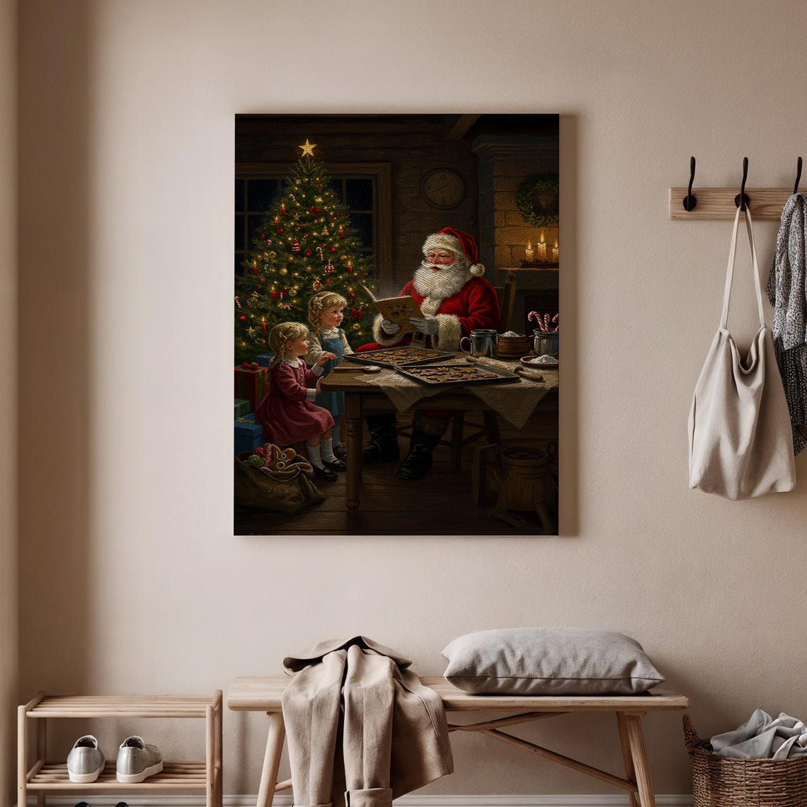 Santa Claus Baking Cookies Cozy Christmas Kitchen Scene Wall Art