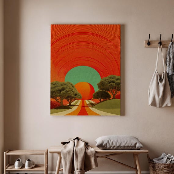 Retro Sunset Landscape Art Bold Colorful Print Modern Abstract Road Scene Vibrant Canvas Artistic Nature Decor