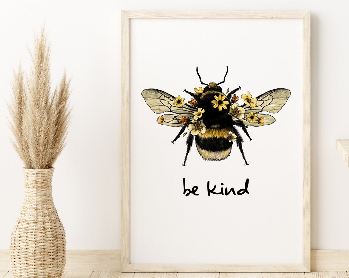 Bee Kind Bumblebee Quote Poster with Watercolor Floral Bee Decor - Image 2