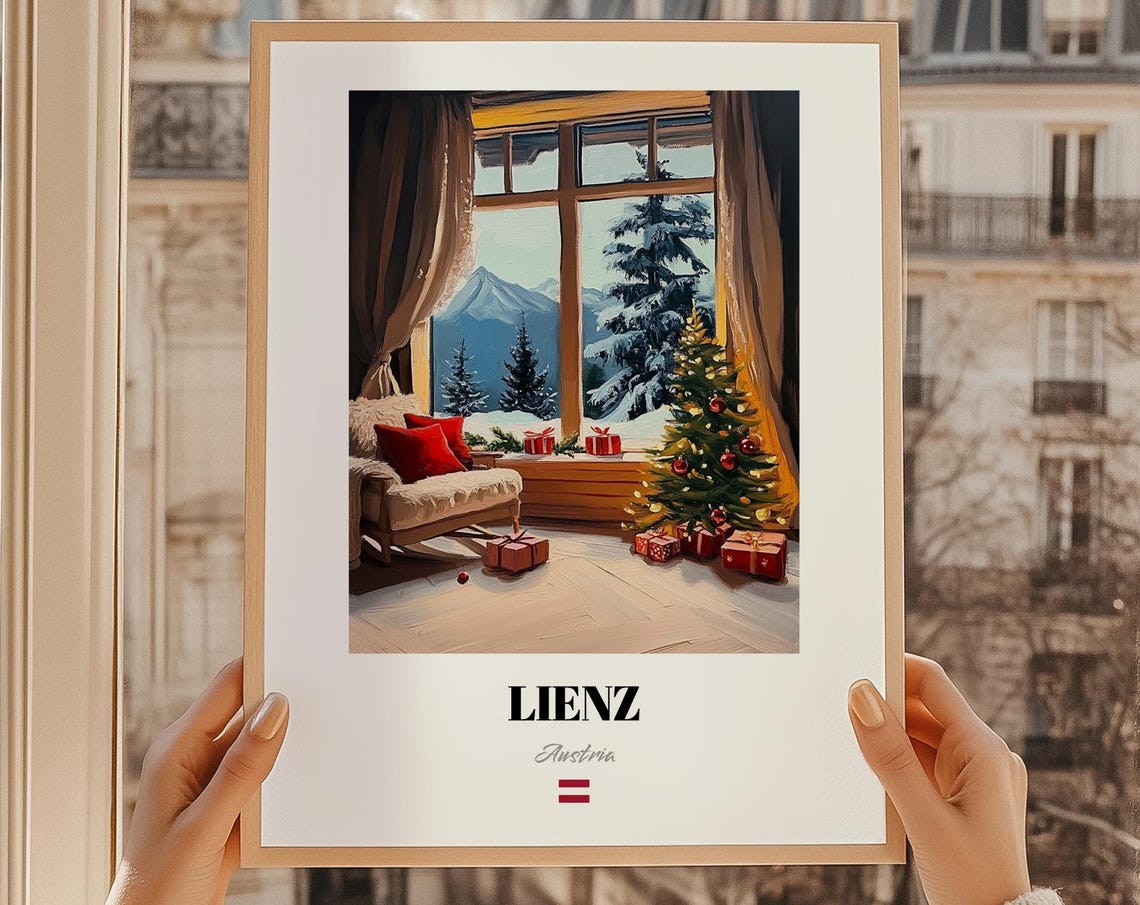 Lienz Austria Cozy Christmas Cabin Window Tree Gift Scene Poster