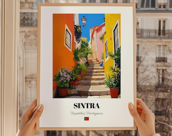 Sintra Portugal Stone Staircase Oil Painting Style Travel Poster