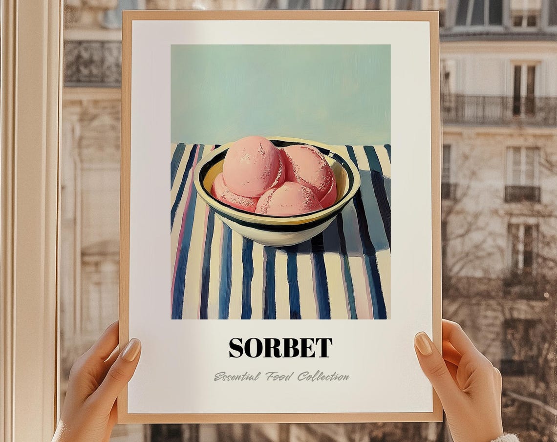 Sorbet Bowl Striped Table Retro Food Illustration Kitchen Wall Art