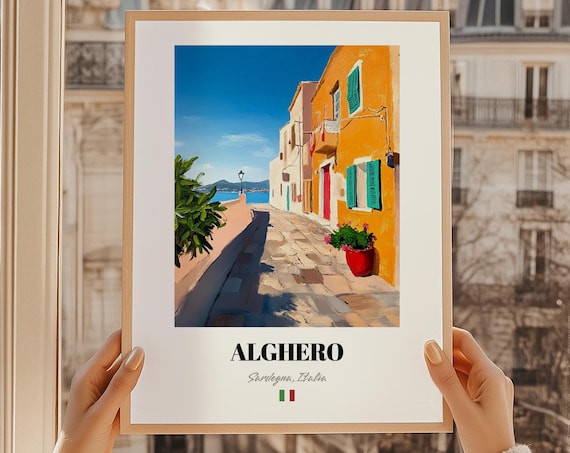 Alghero Sardinia Italy Cobblestone Lane Sea View Travel Poster