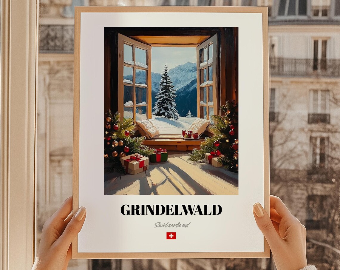 Grindelwald Switzerland Christmas Window View Snowy Mountain Scene Poster