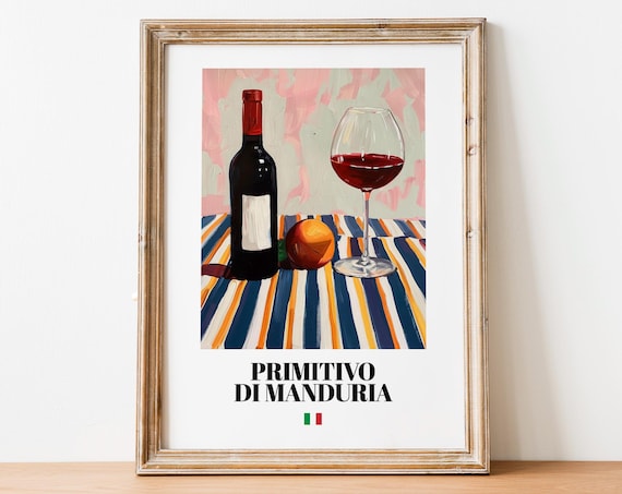 Italian Primitivo Art Print Poster Rich Red Wine Artwork For Bars