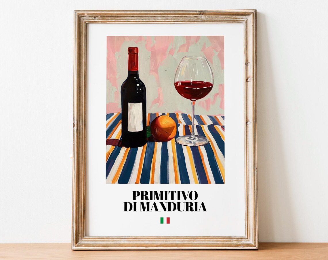 Italian Primitivo Art Print Poster Rich Red Wine Artwork For Bars
