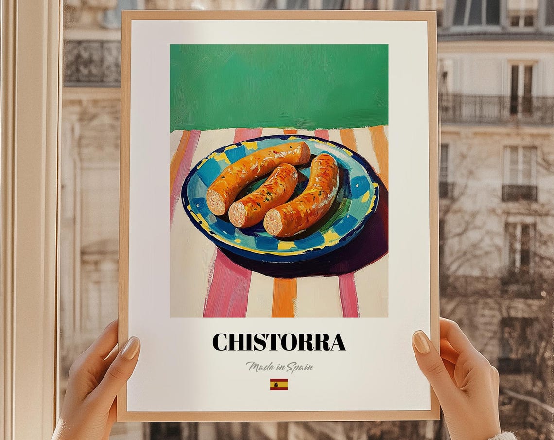 Chistorra Spanish Sausage Painting Green Background Kitchen Poster