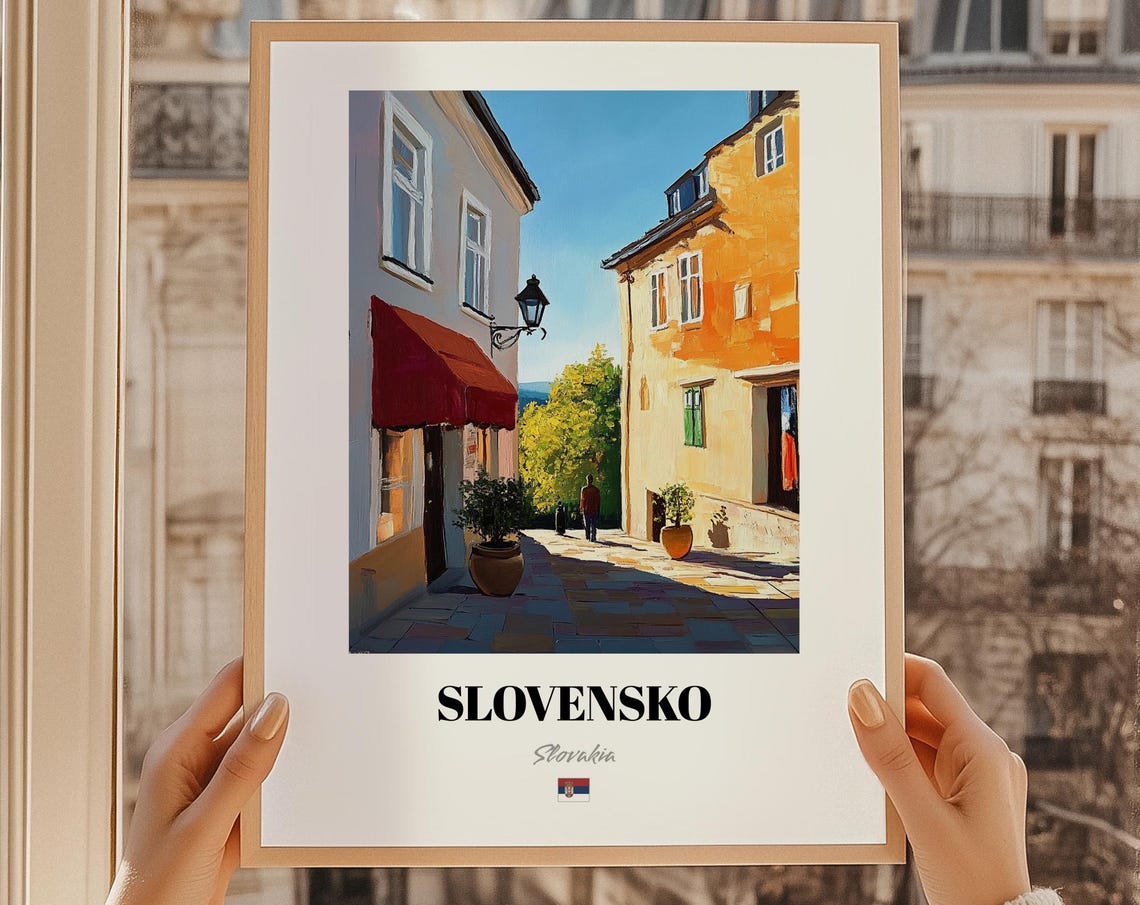 Slovensko Slovakia Sunny Cafe Street Oil Painting Travel Poster