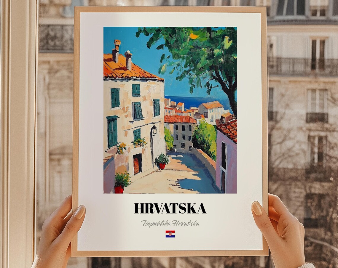 Hrvatska Croatia Sunny Coastal Old Town Street Painting Travel Poster