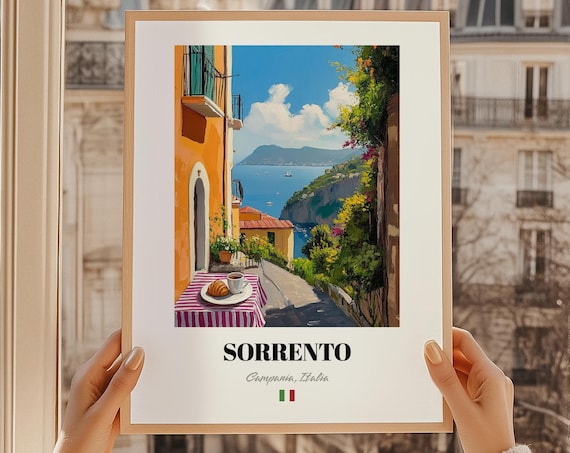 Sorrento Italy Terrace Coffee Croissant Sea View Oil Painting Poster