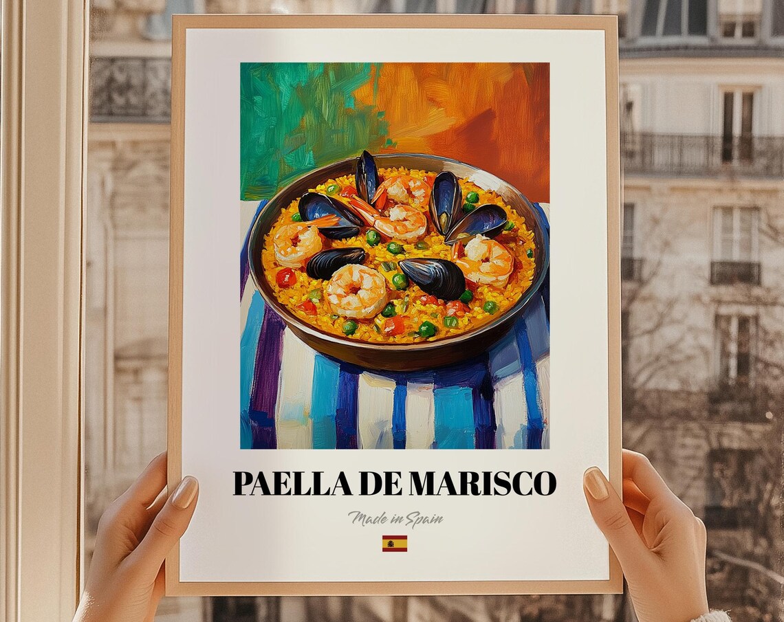 Paella De Marisco Spanish Food Painting Cafe Menu Cover Template Art Kitchen Poster