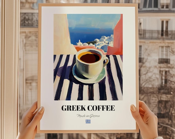 Greek Coffee Santorini Sea View Oil Painting Kitchen Wall Poster