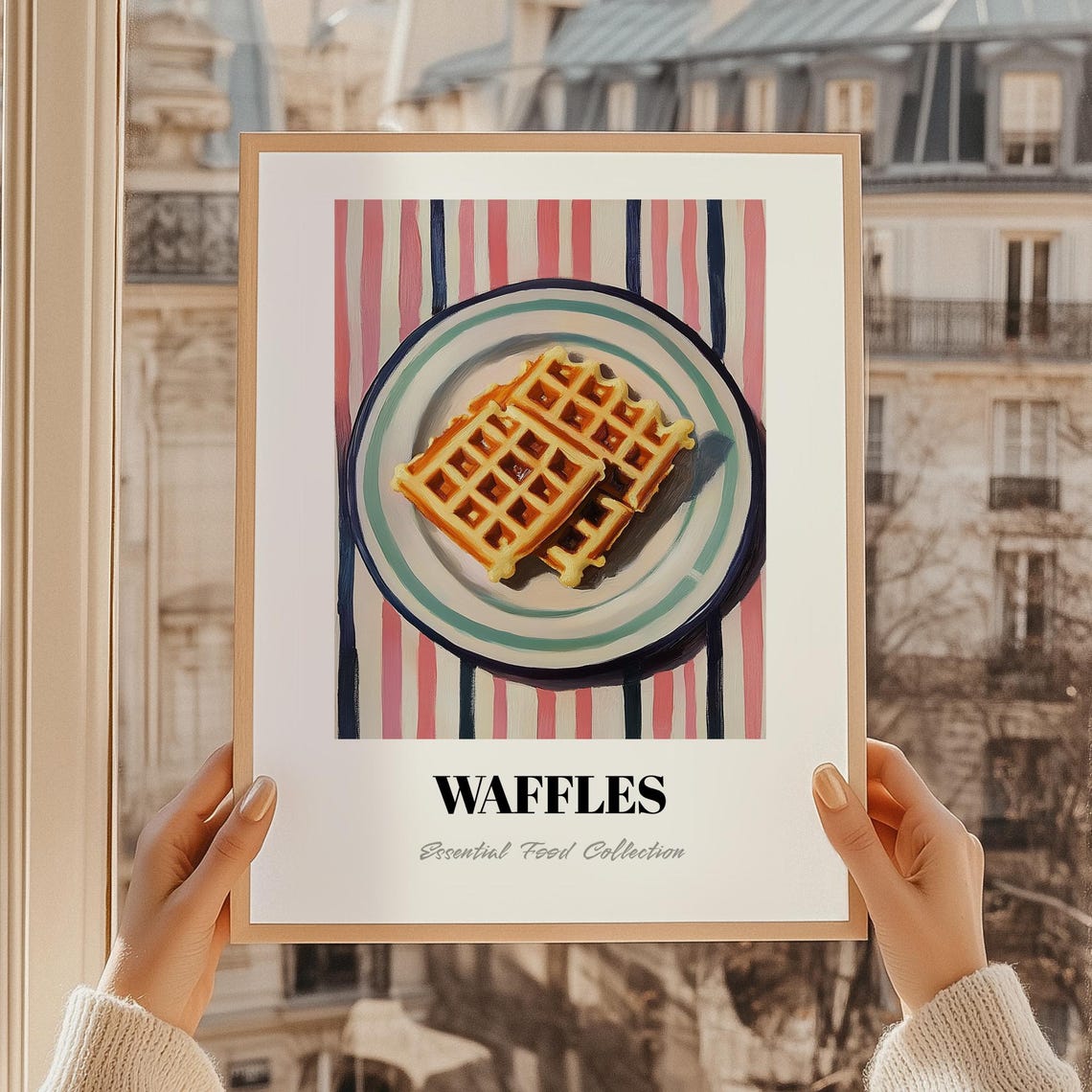 Golden Waffles Painting Pink Striped Breakfast Kitchen Art Poster