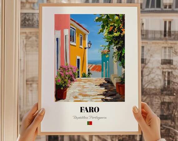 Faro Portugal Coastal Alley Bougainvillea Sea View Travel Poster
