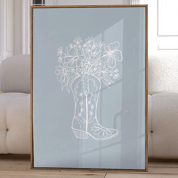 Cowgirl Boot Wildflowers Line Art Coastal Blue Minimalist Print