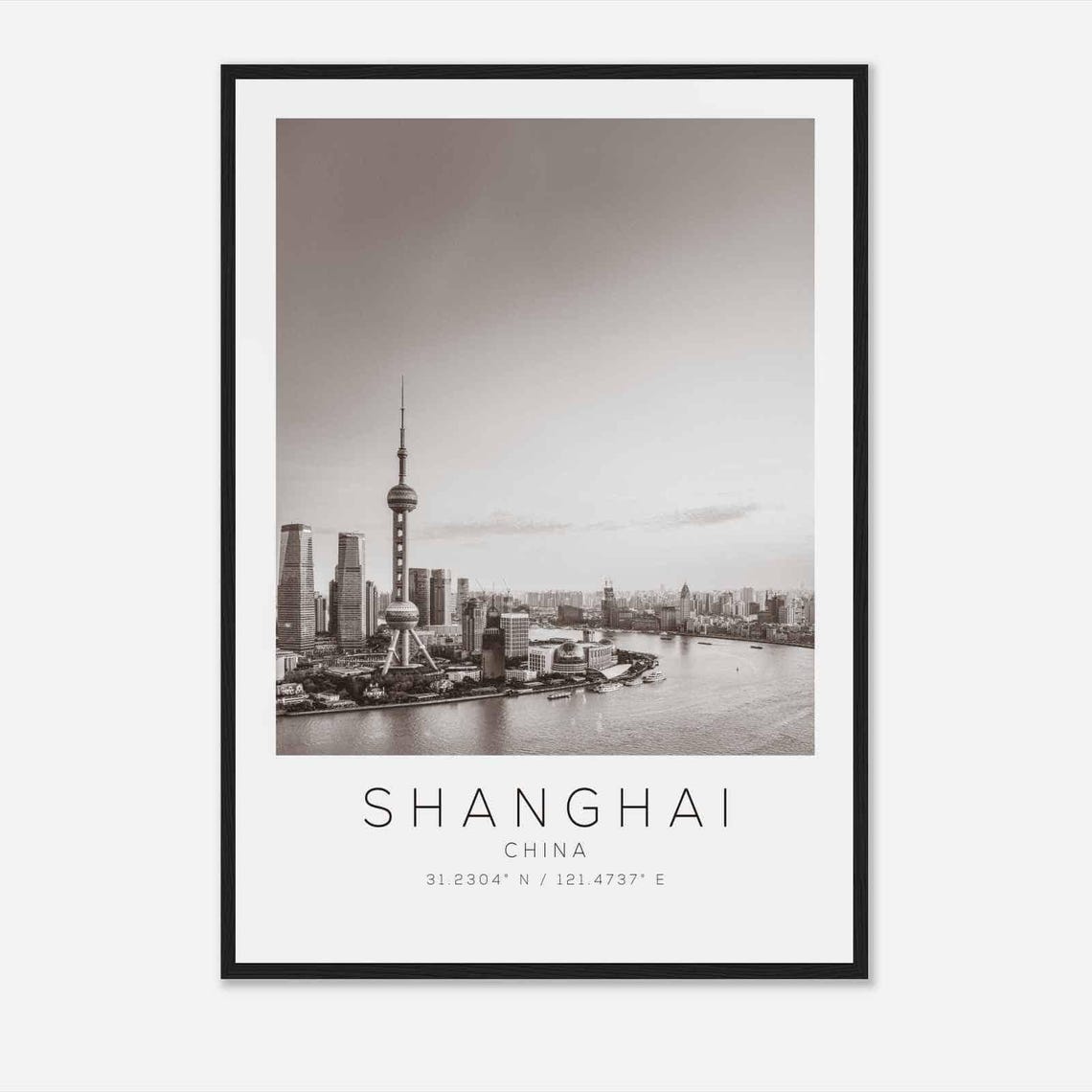 Shanghai China Oriental Pearl Tower Skyline Black and White Poster