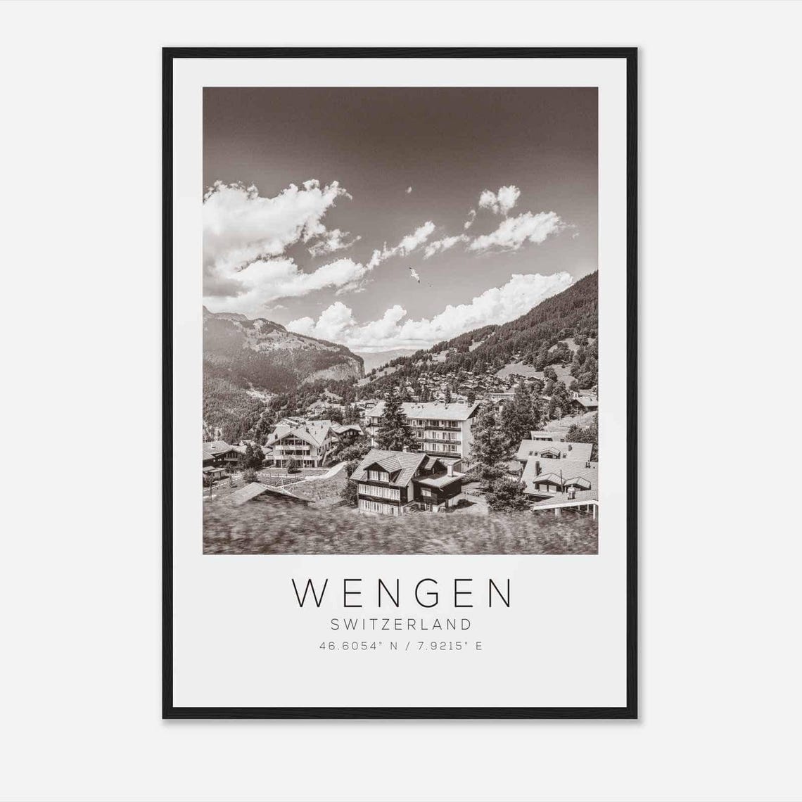 Wengen Switzerland Alpine Village Valley Black and White Poster