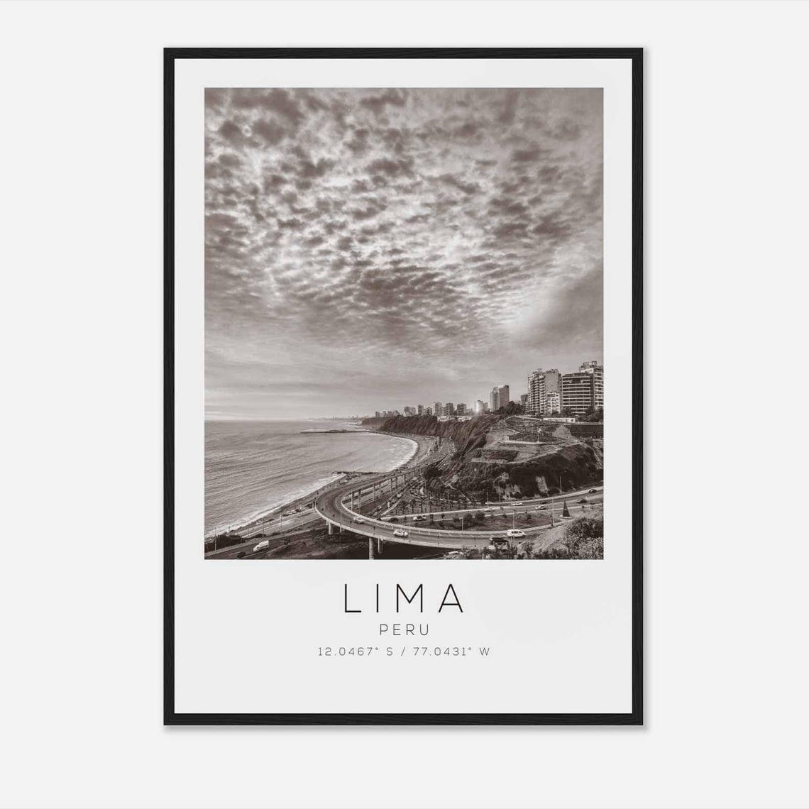 Lima Peru Pacific Coastline Cliffs Highway Black White Photo Poster