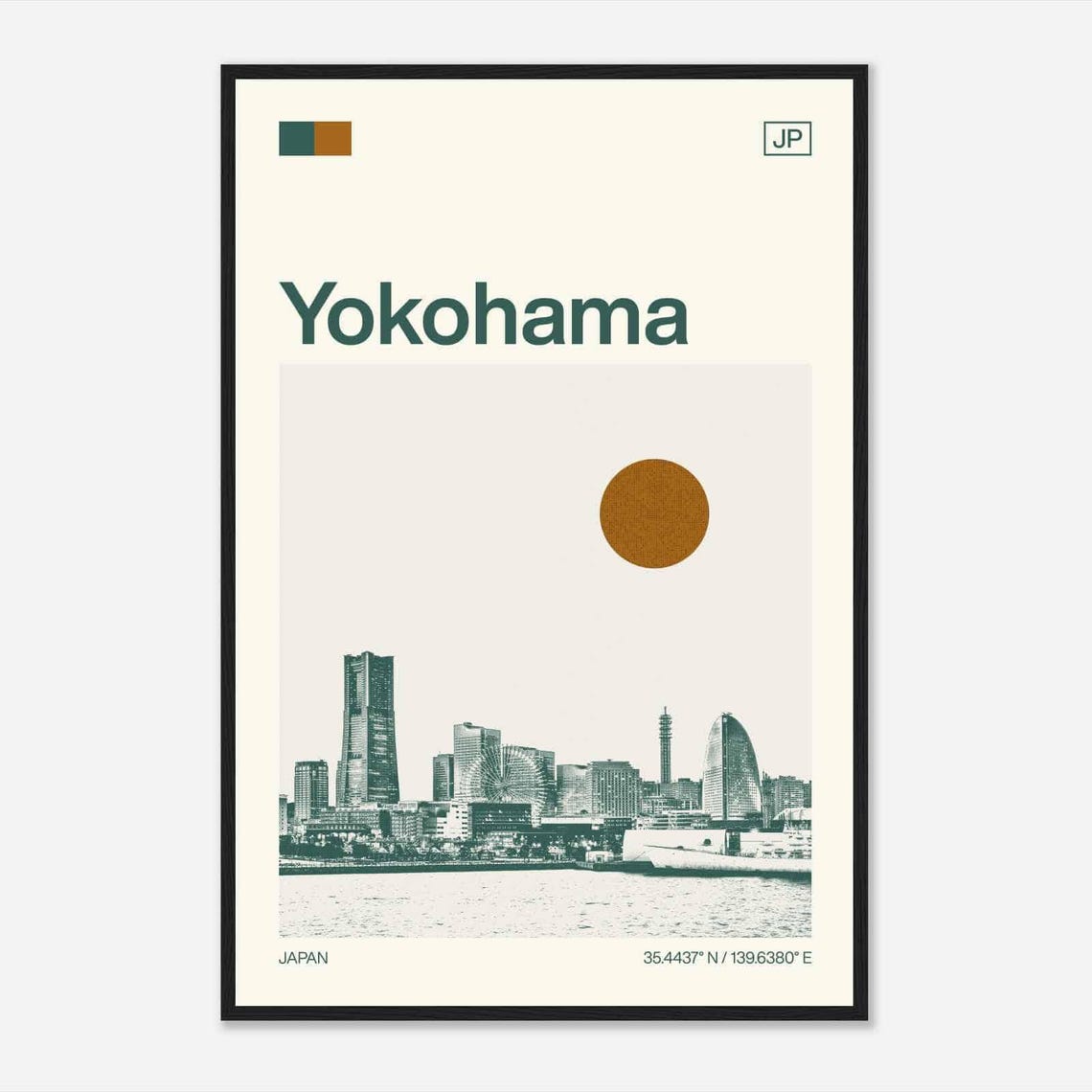 Yokohama Japan Minimalist Monochrome Harbor Skyline Travel Poster