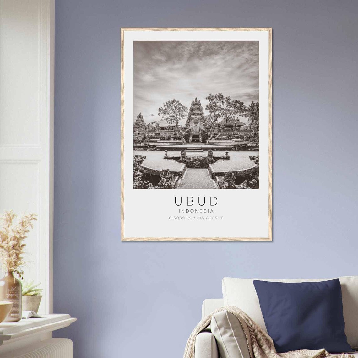 Ubud Indonesia Balinese Temple Courtyard Black and White Poster - Image 2