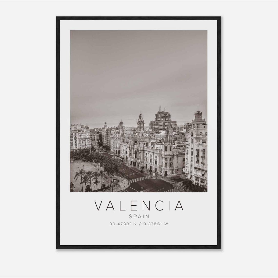 Valencia Spain City Square Historic Buildings Black White Poster