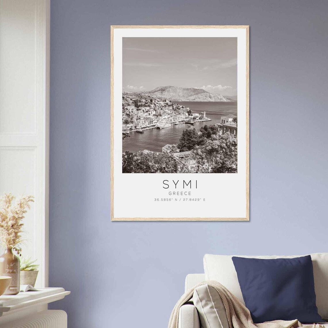 Symi Greece Aegean Harbor Island Town Black and White Photo Poster - Image 2