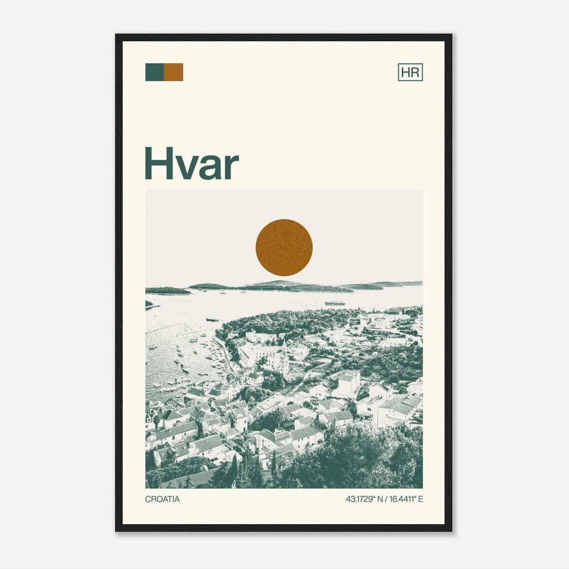 Hvar Croatia Island Harbor Old Town Aerial View Duotone Travel Poster