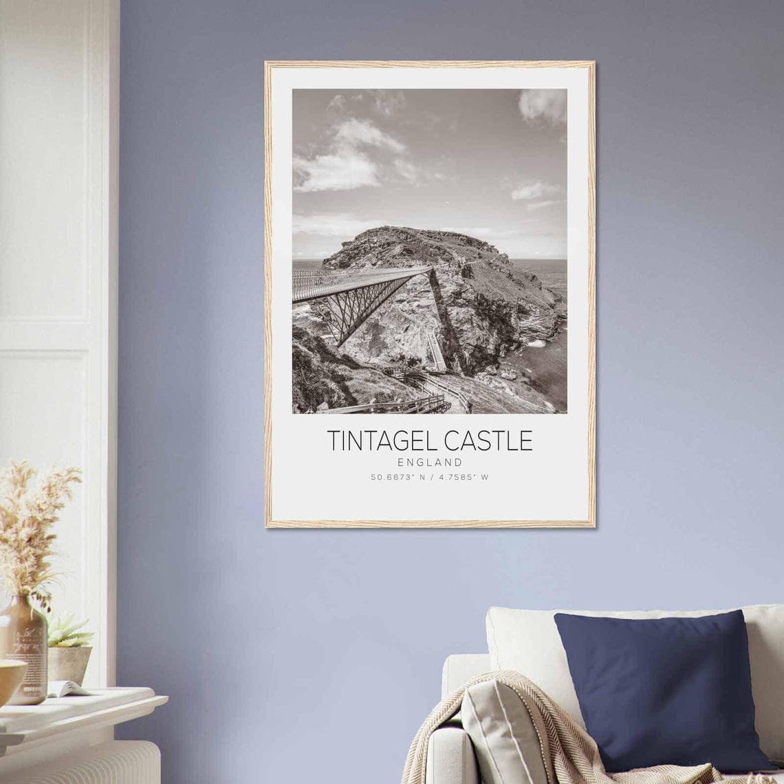 Tintagel Castle England Cliff Footbridge Black and White Photo Poster - Image 2