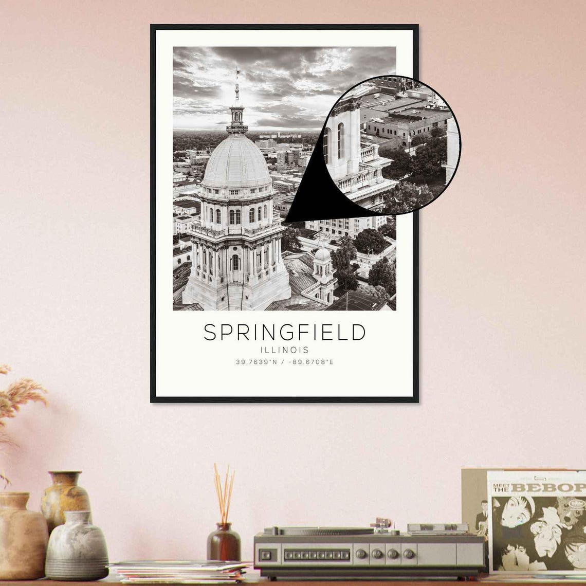 Springfield Illinois Capitol Dome Aerial Black White Photo Poster - Image 4