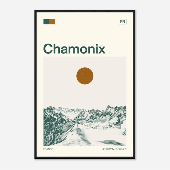 Chamonix France Mid Century Retro Snowy Alps Mountain Poster