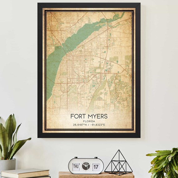 Vintage Fort Myers Florida Map Poster with City Coordinates in Aged Tones