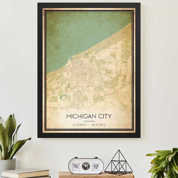 Vintage Michigan City Indiana Street Map Coordinate Art Poster