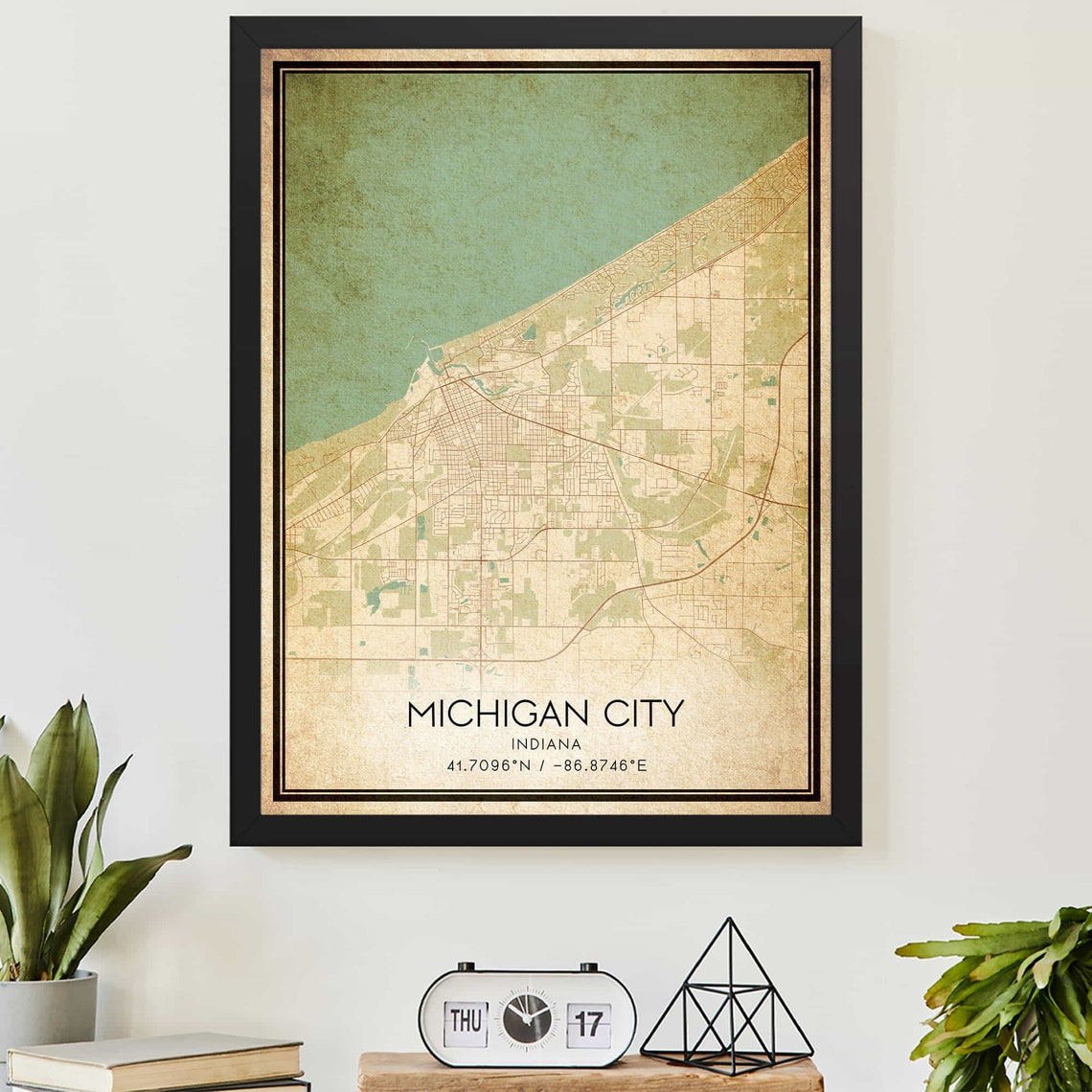 Vintage Michigan City Indiana Street Map Coordinate Art Poster