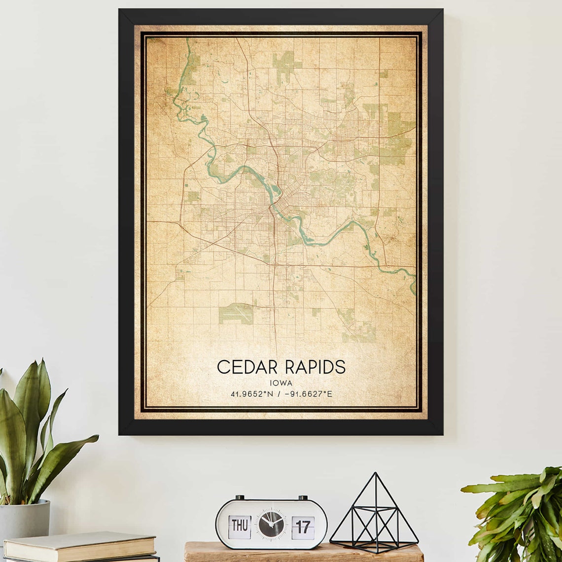 Cedar Rapids Iowa Vintage Sepia Street Map Poster with Coordinates