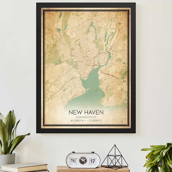 Vintage New Haven Connecticut Map Poster with City Coordinates Aged Style