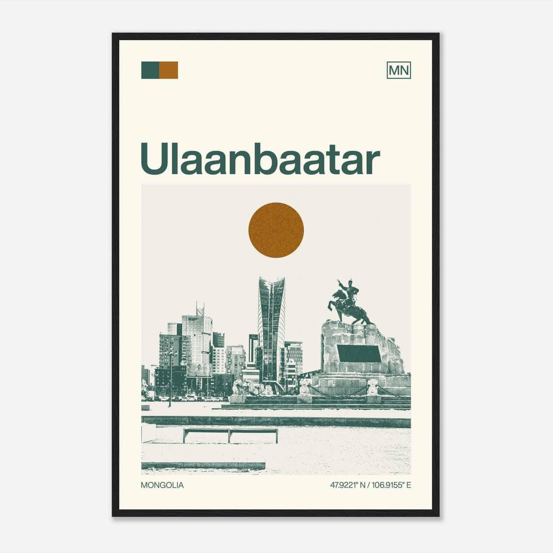 Ulaanbaatar Mongolia Minimalist Monochrome Square Statue Travel Poster