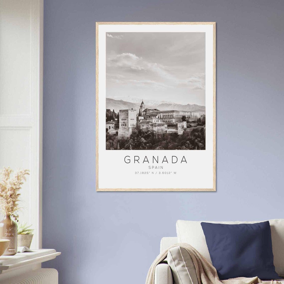 Granada Spain Black and White Alhambra Palace Hilltop View Poster - Image 2