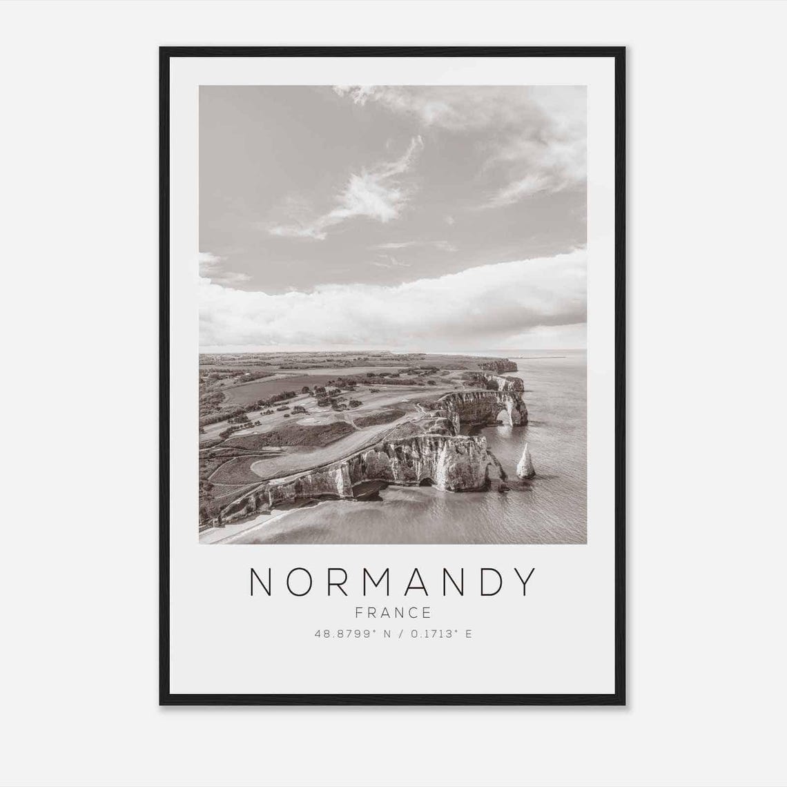 Normandy France Chalk Cliffs Aerial Coast Black White Photo Poster