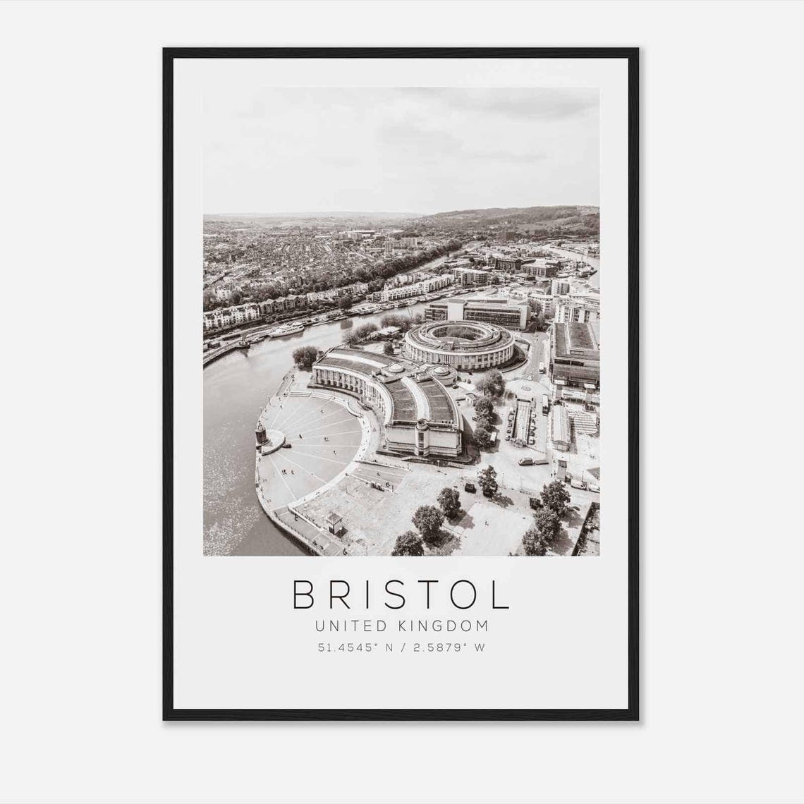 Bristol England Aerial Harbourside Black White Minimalist Poster