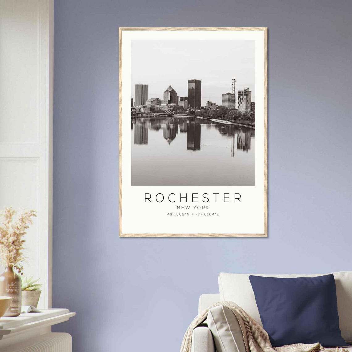 Rochester New York River Skyline Reflection Black and White Poster - Image 2