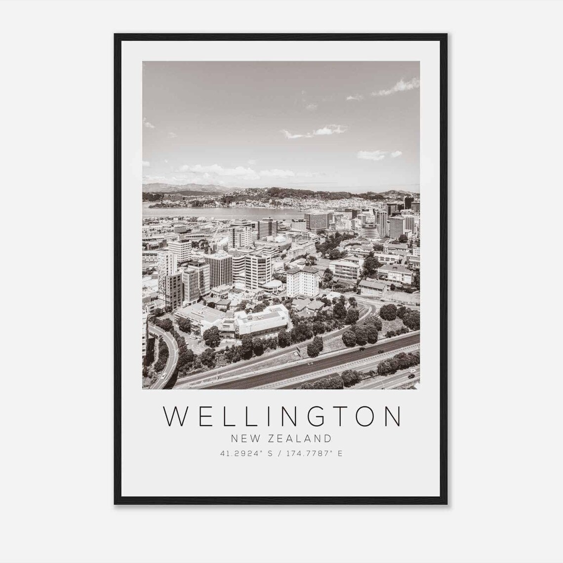 Wellington New Zealand City Harbor Aerial View Black White Poster