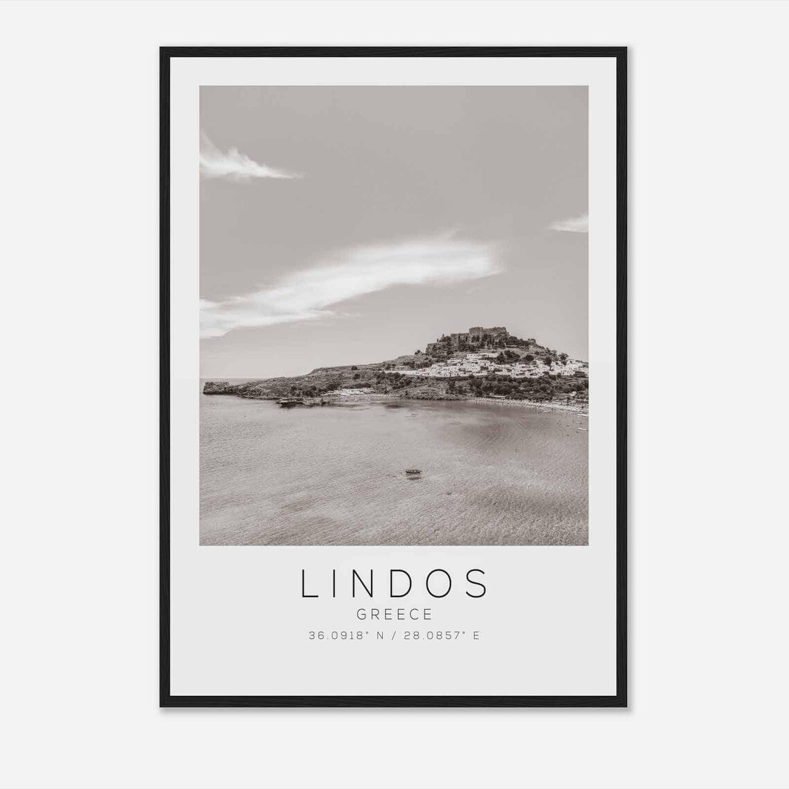 Lindos Greece Acropolis Hilltop Bay View Black White Photo Poster
