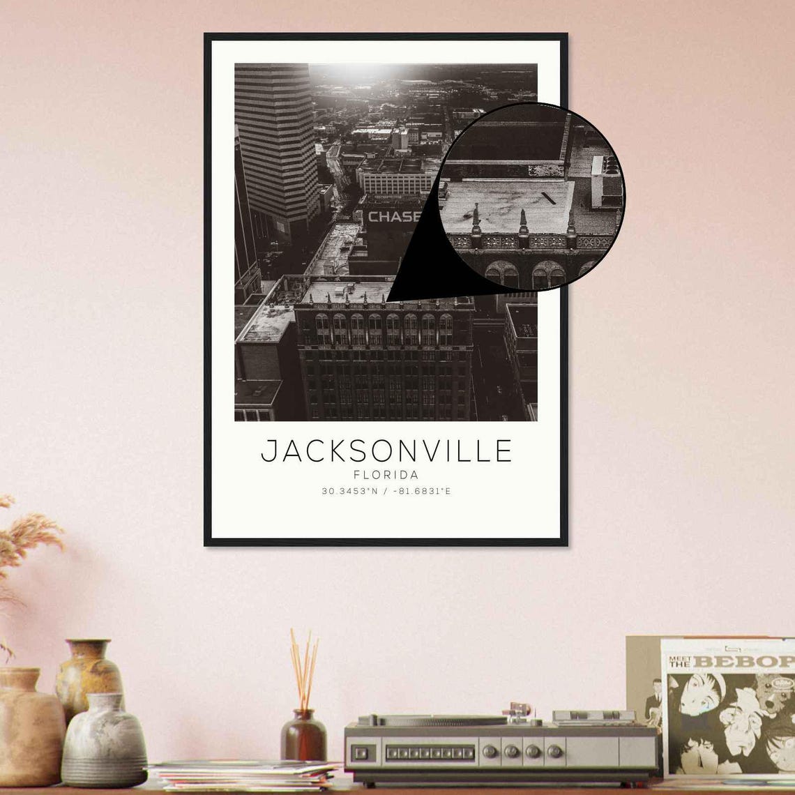 Jacksonville Florida Downtown Rooftops Aerial Black And White Poster - Image 4