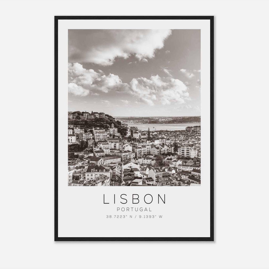 Lisbon Portugal Cityscape Panorama Old Town Black White Photo Poster