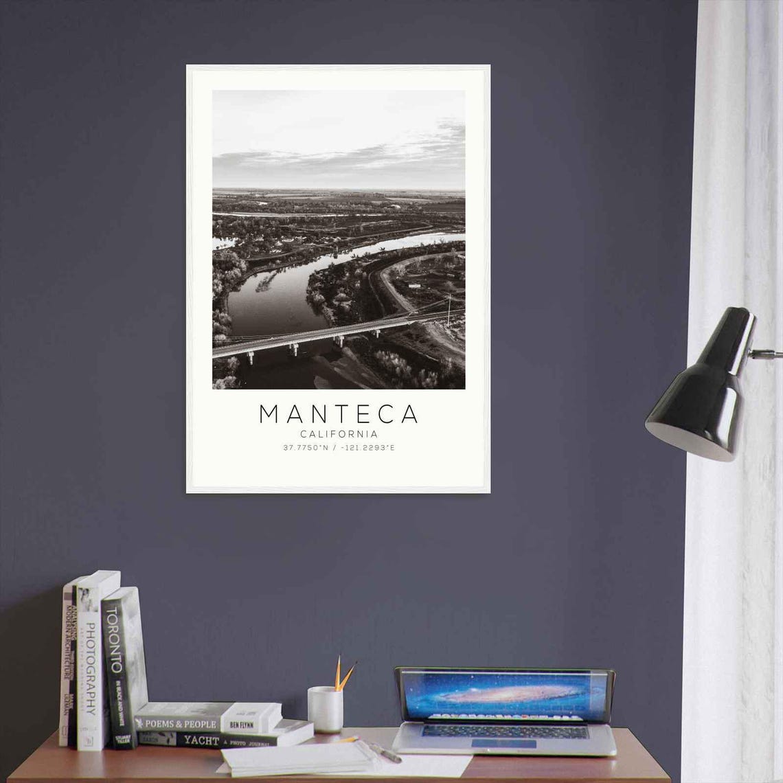 Manteca California Winding River Bridge Aerial Black And White Poster - Image 3