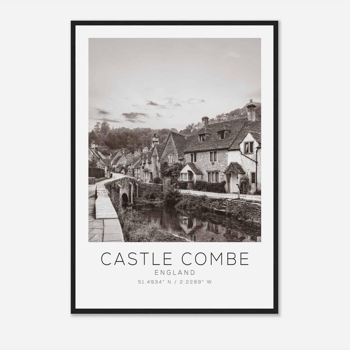 Castle Combe England Cotswold Stone Cottages Black and White Poster