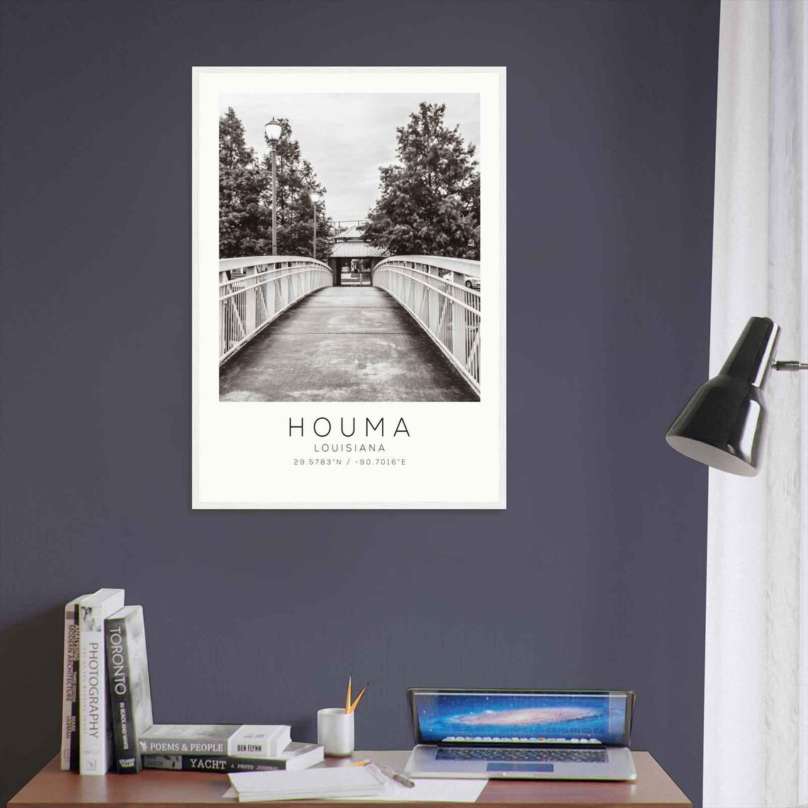 Houma Louisiana Park Footbridge Lamp Posts Black White Travel Poster - Image 3