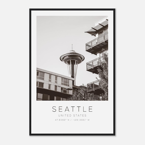 Seattle Space Needle Black and White Minimalist Travel Poster