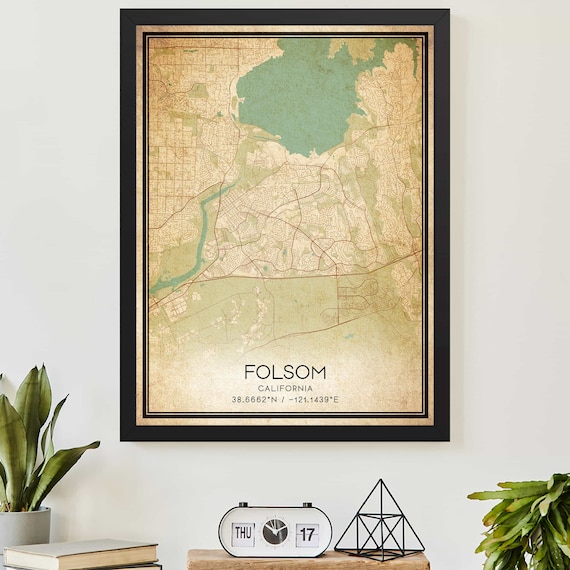 Vintage Folsom California City Map With Coordinates Lake Street Poster